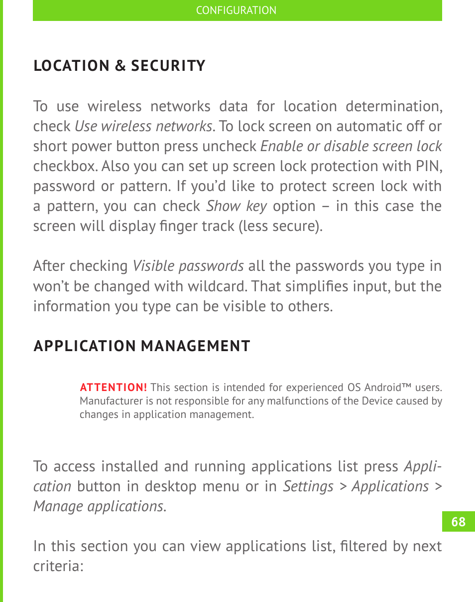Location & security, Application management | PocketBook A 10 User Manual | Page 69 / 83