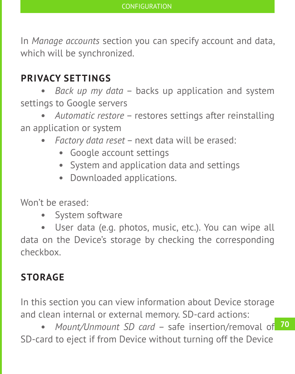 Privacy settings, Storage, Storage 70 | PocketBook A 10 User Manual | Page 71 / 83