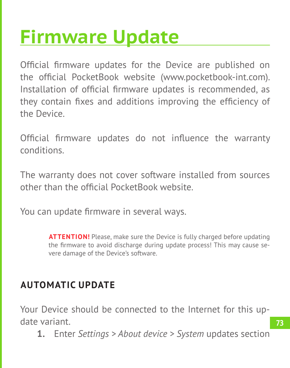 Firmware update, Automatic update | PocketBook A 10 User Manual | Page 74 / 83