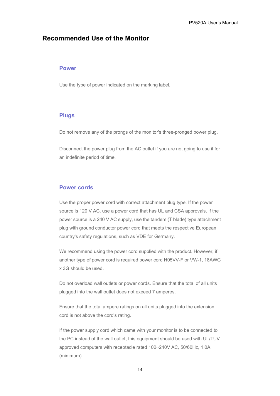 Recommended use of the monitor | CTX PV520A User Manual | Page 14 / 31
