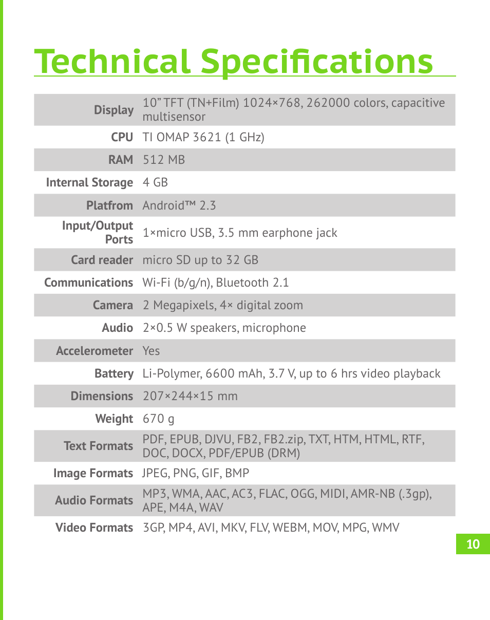 Technical specifications | PocketBook A 10 User Manual | Page 11 / 82