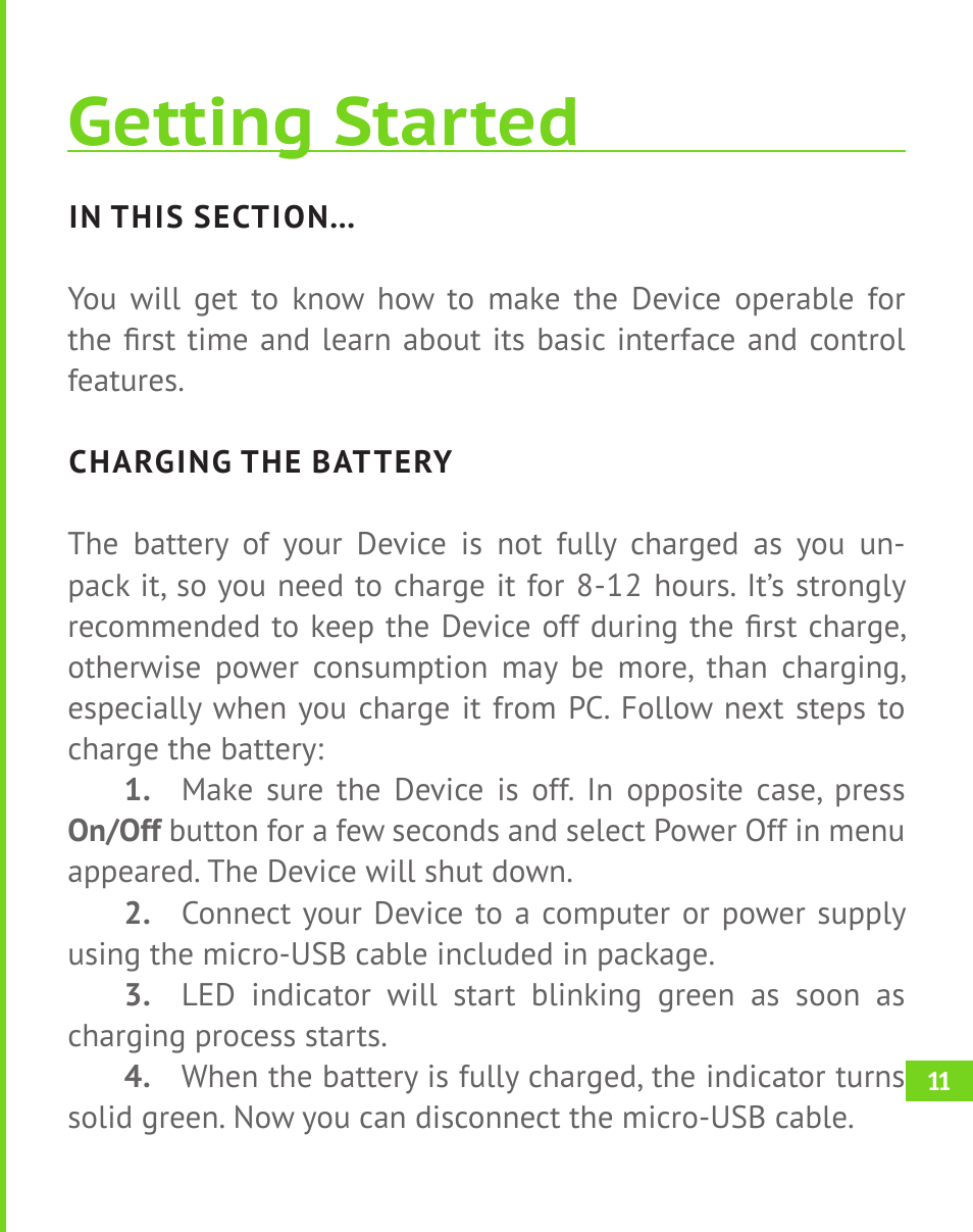 Getting started, Charging the battery | PocketBook A 10 User Manual | Page 12 / 82