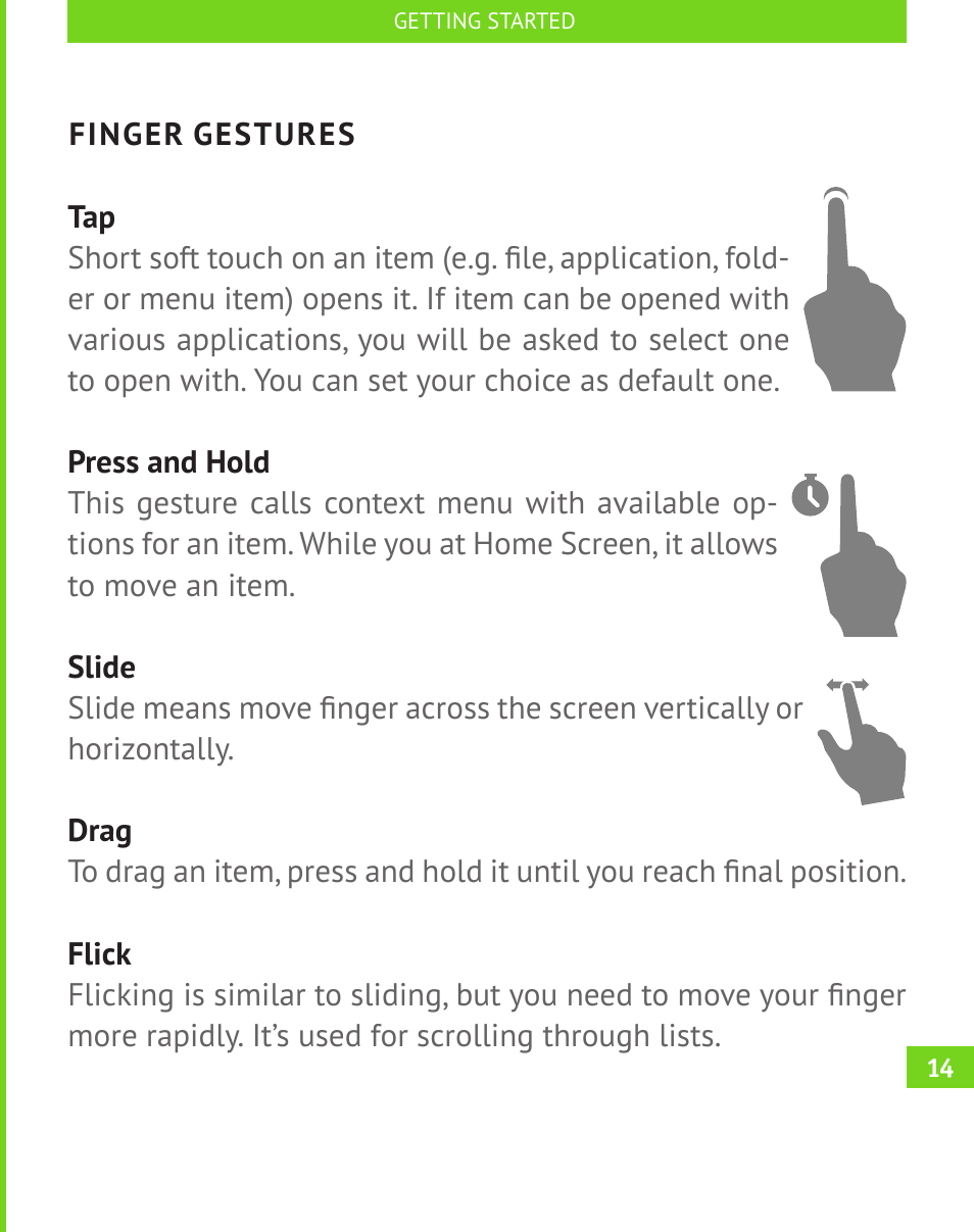 Finger gestures | PocketBook A 10 User Manual | Page 15 / 82