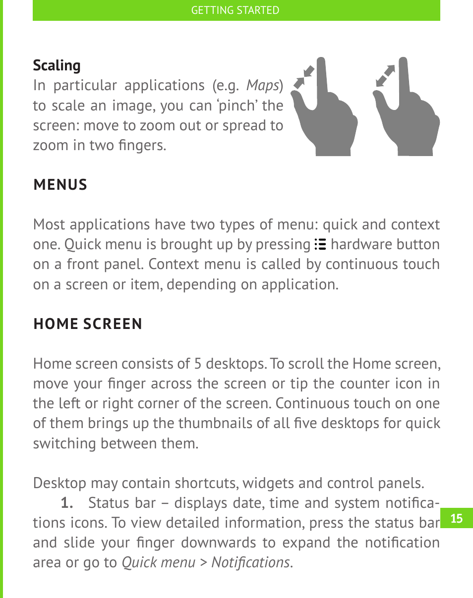 Menus, Home screen, Menus 15 | PocketBook A 10 User Manual | Page 16 / 82