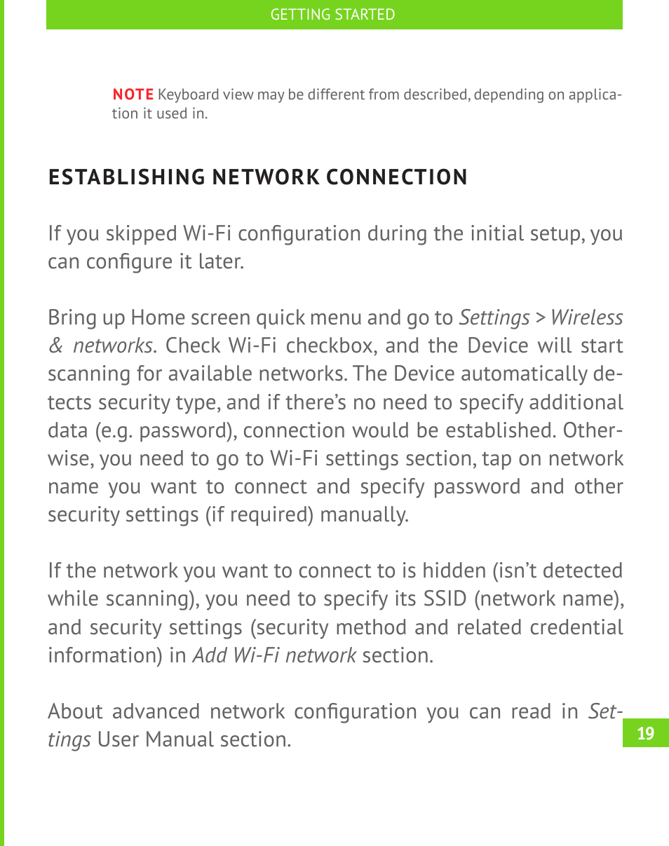 Establishing network connection | PocketBook A 10 User Manual | Page 20 / 82