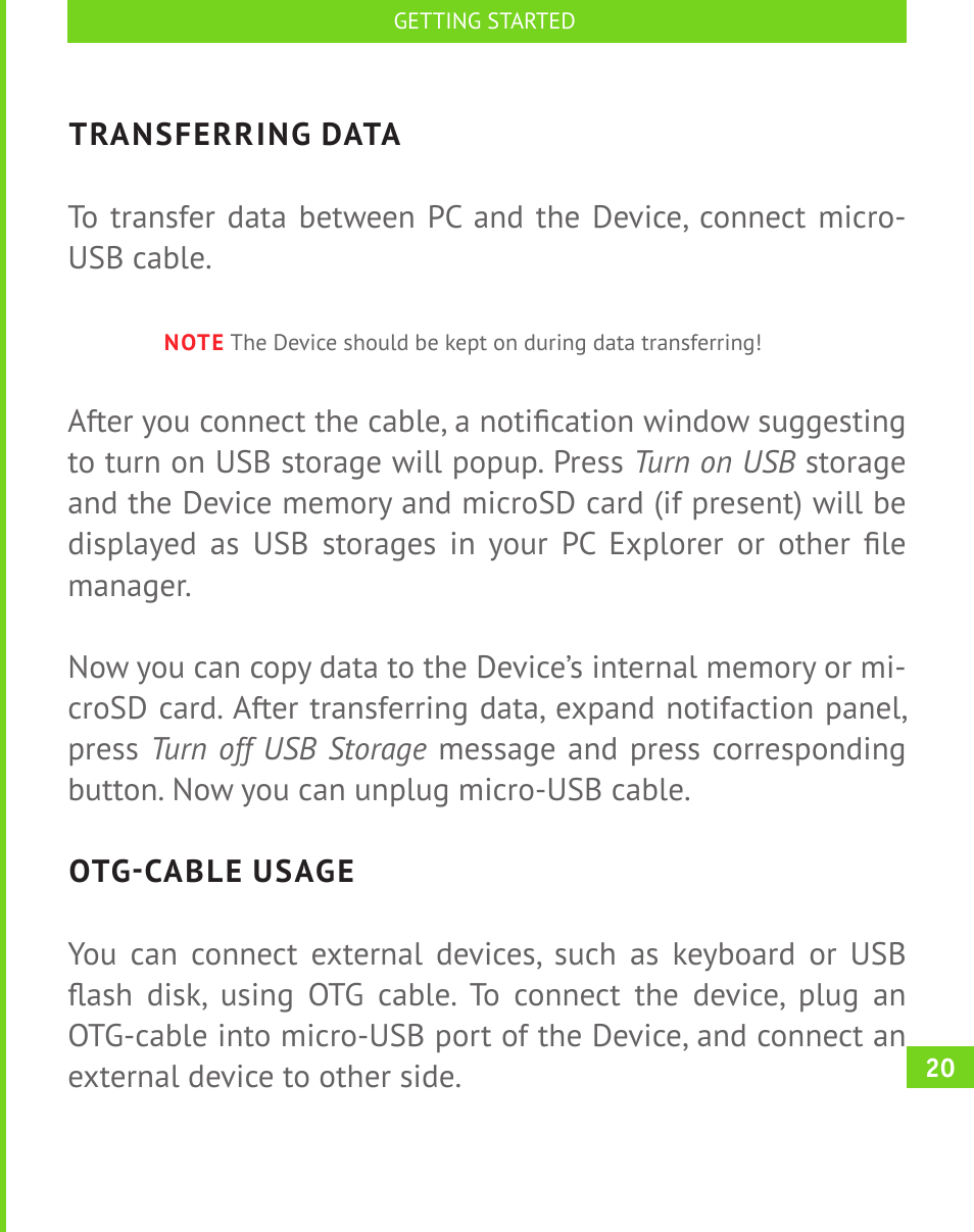 Transferring data, Otg-cable usage | PocketBook A 10 User Manual | Page 21 / 82