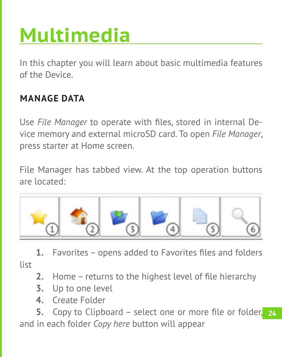 Multimedia, Manage data | PocketBook A 10 User Manual | Page 25 / 82