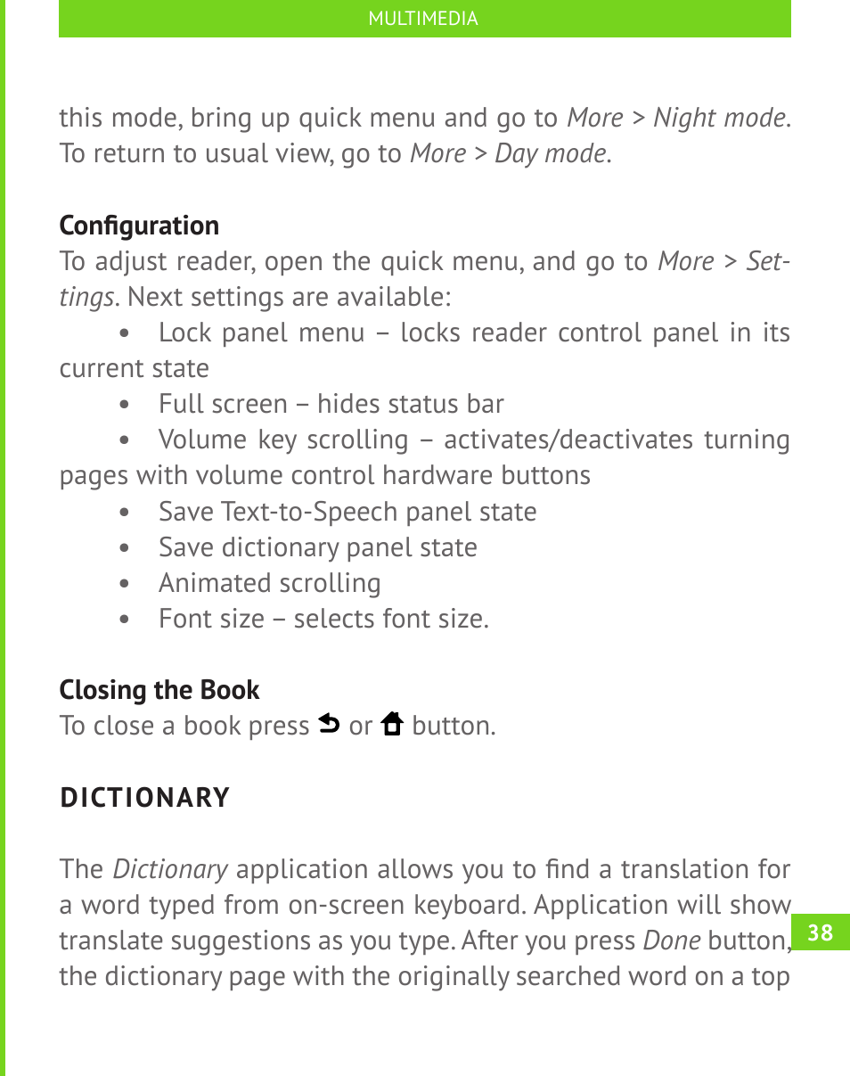 Dictionary, Dictionary 38 | PocketBook A 10 User Manual | Page 39 / 82