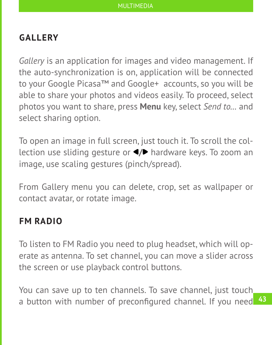 Gallery, Fm radio, Gallery 43 | PocketBook A 10 User Manual | Page 44 / 82