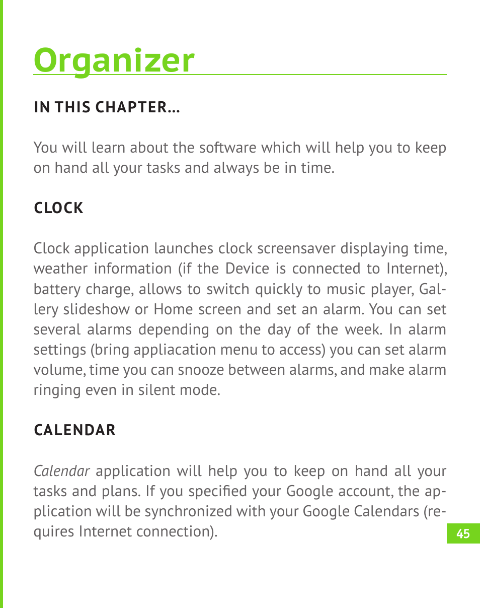 Organizer, Clock, Calendar | Clock 45, Calendar 45 | PocketBook A 10 User Manual | Page 46 / 82