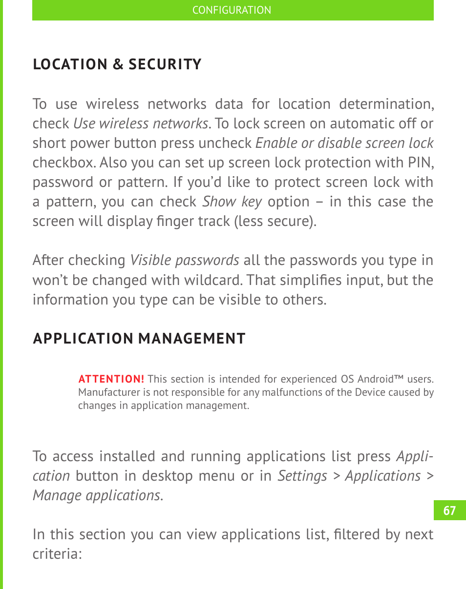 Location & security, Application management | PocketBook A 10 User Manual | Page 68 / 82