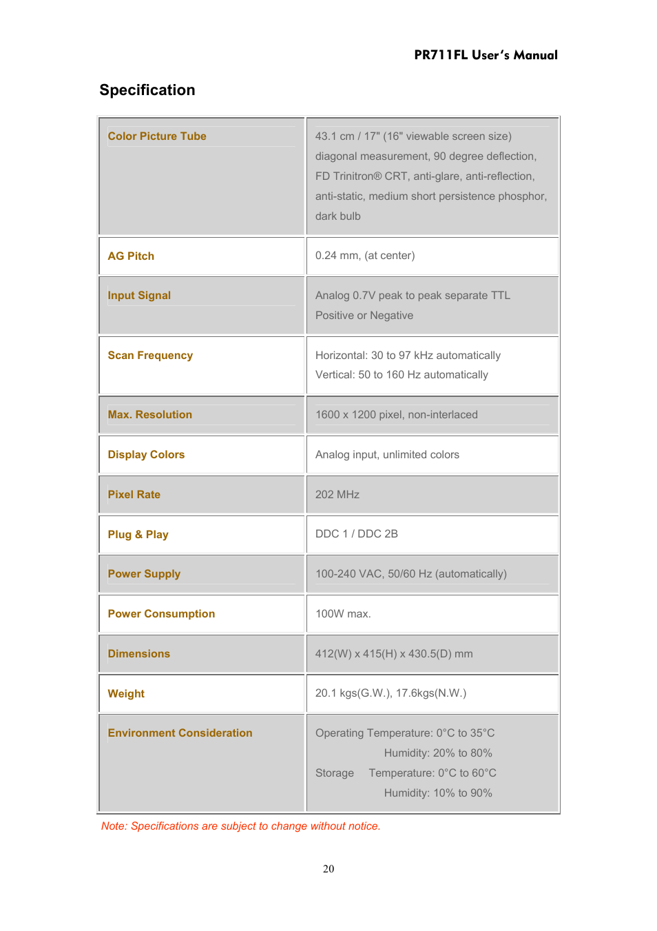 Specification | CTX PR711FL User Manual | Page 20 / 22