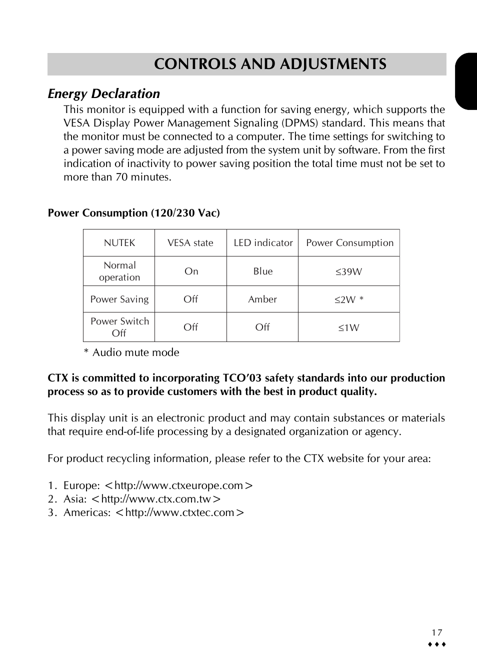 Controls and adjustments, Energy declaration | CTX P772 User Manual | Page 20 / 24