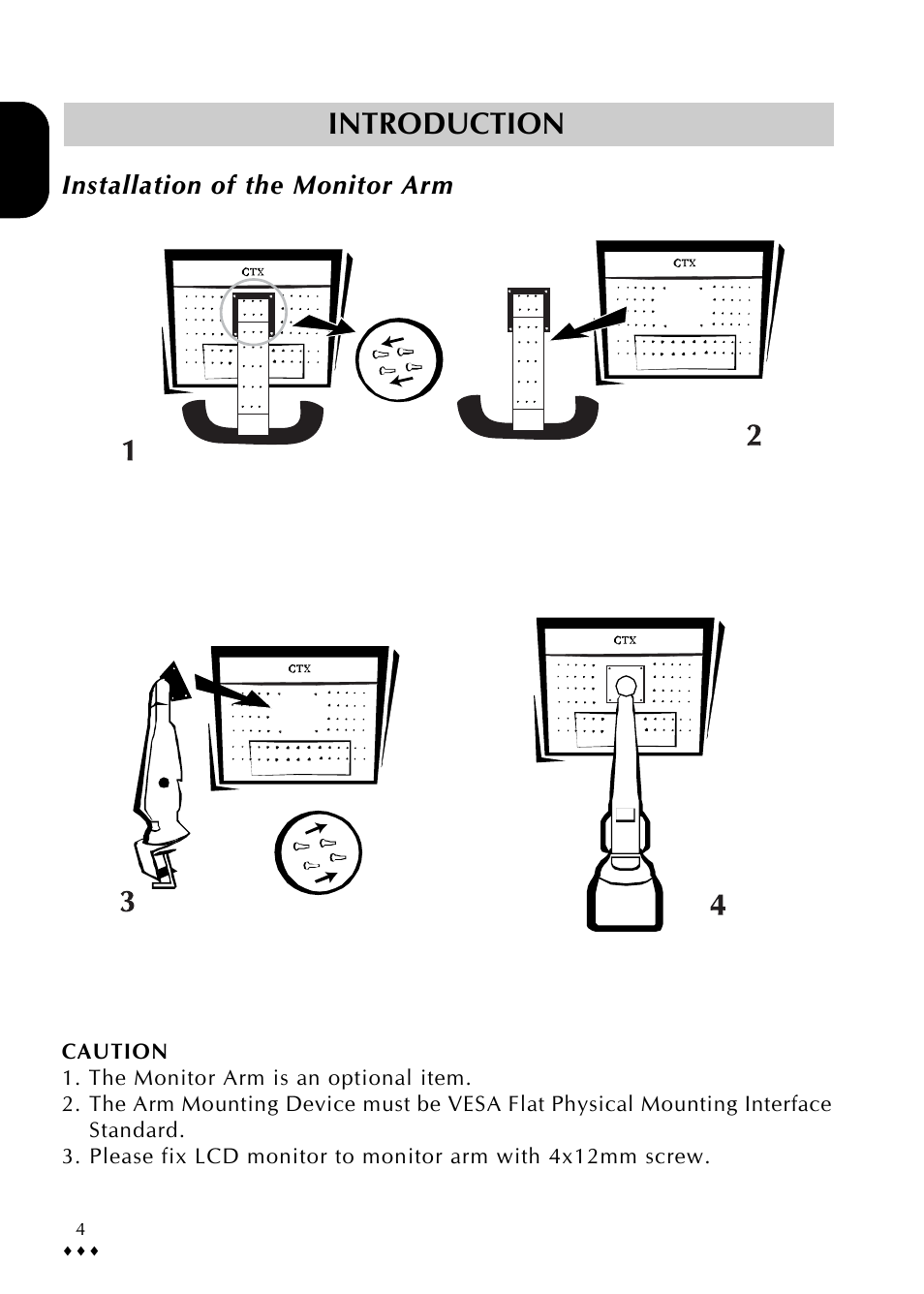 Introduction, Installation of the monitor arm | CTX P772 User Manual | Page 7 / 24