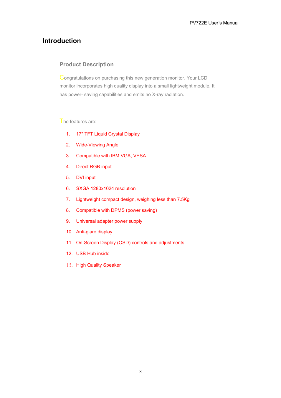 Introduction | CTX PV722E User Manual | Page 8 / 36