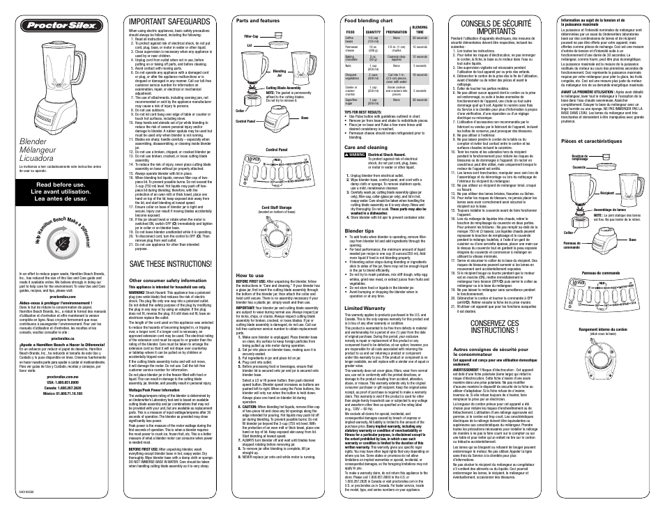 Proctor-Silex 10 Speed Blender (white)-50124 User Manual | 2 pages