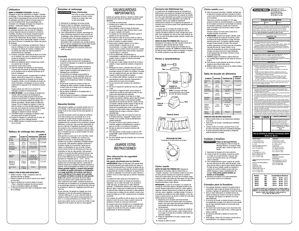 Salvaguardias importantes, Guarde estas instrucciones | Proctor-Silex 10 Speed Blender (white)-50124 User Manual | Page 2 / 2