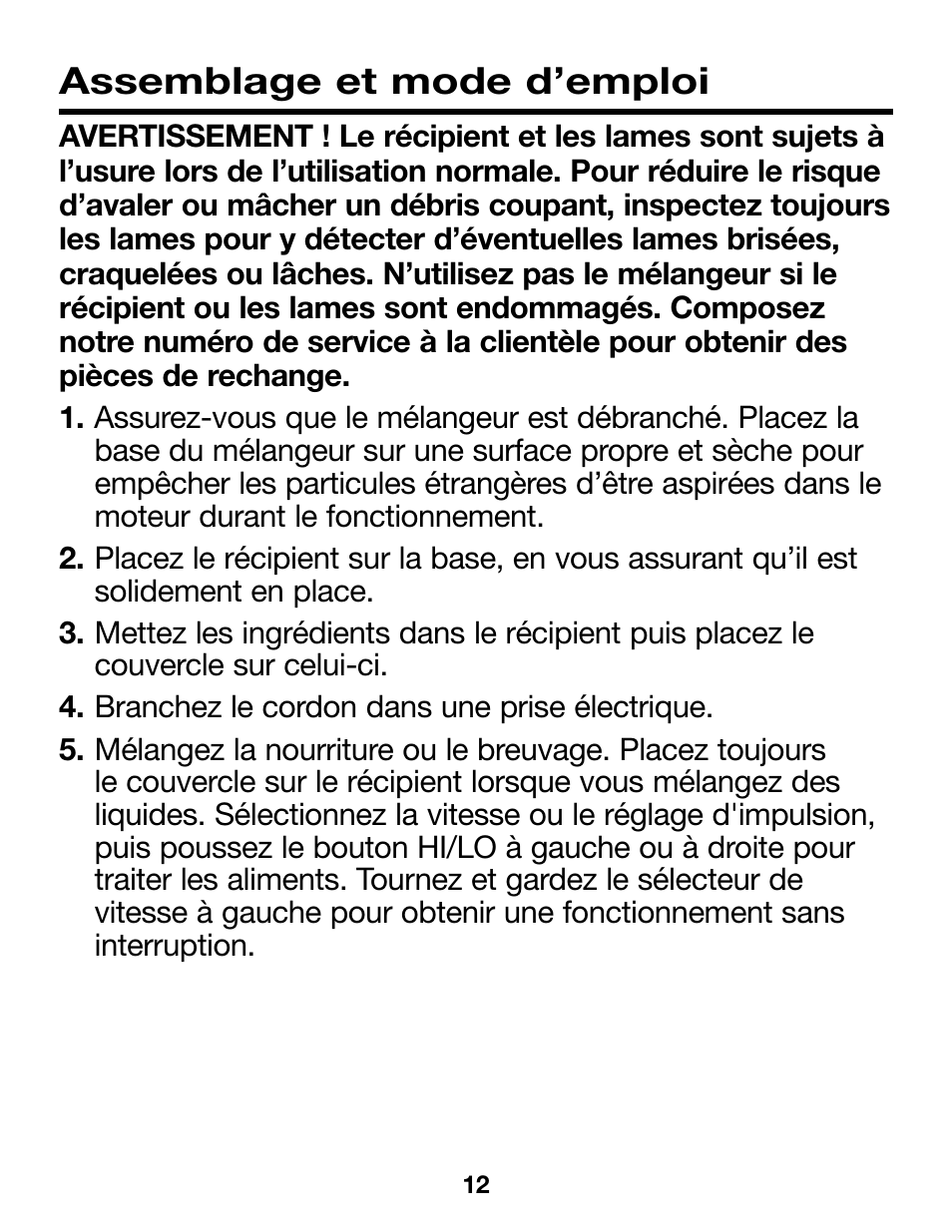 Assemblage et mode d’emploi | Proctor-Silex Compact Blender (black)-58131Y User Manual | Page 12 / 24