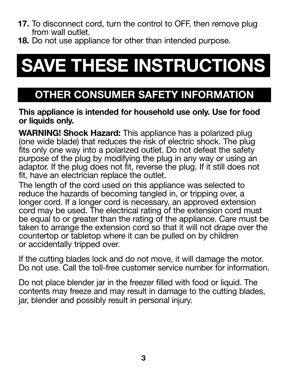 Save these instructions, Other consumer safety information | Proctor-Silex Compact Blender (black)-58131Y User Manual | Page 3 / 24