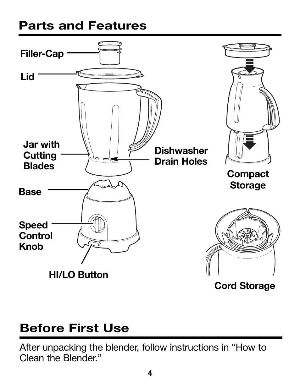 Parts and features, Before first use | Proctor-Silex Compact Blender (black)-58131Y User Manual | Page 4 / 24