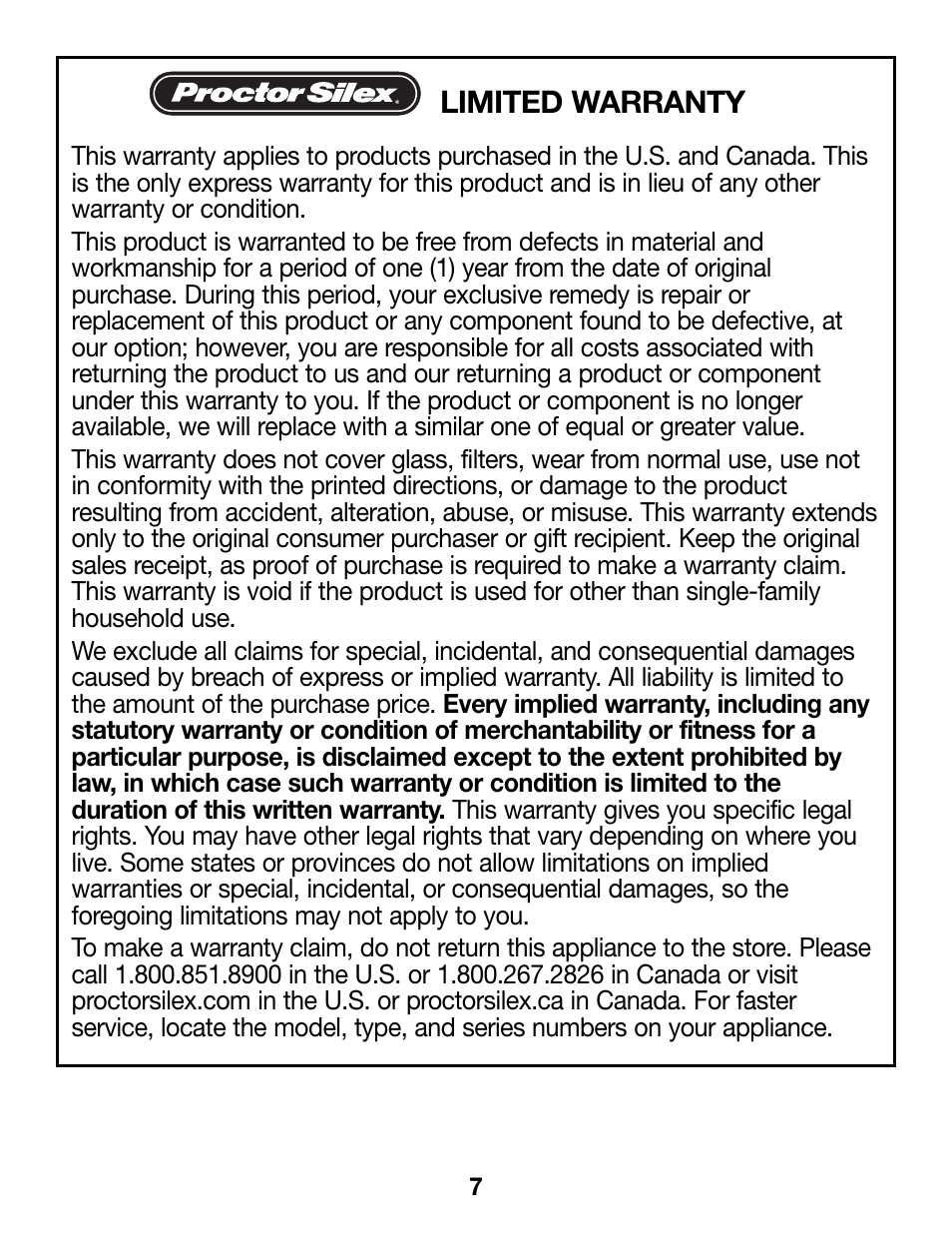 Limited warranty | Proctor-Silex Compact Blender (black)-58131Y User Manual | Page 7 / 24