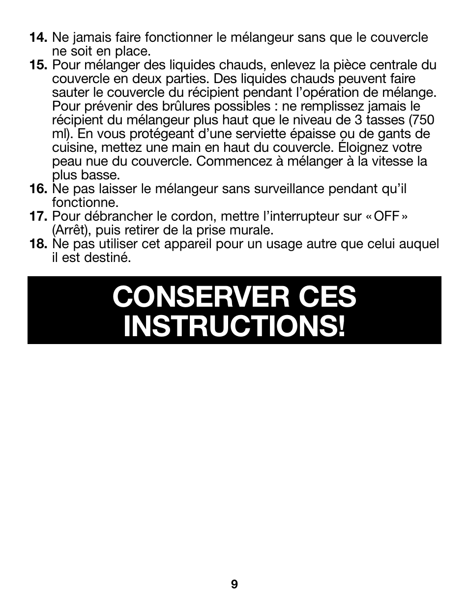 Conserver ces instructions | Proctor-Silex Compact Blender (black)-58131Y User Manual | Page 9 / 24