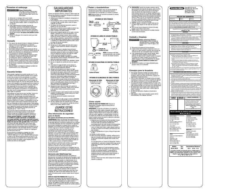 Salvaguardias importantes, Guarde estas instrucciones | Proctor-Silex 2 Speed Blender (black)-58133 User Manual | Page 2 / 2