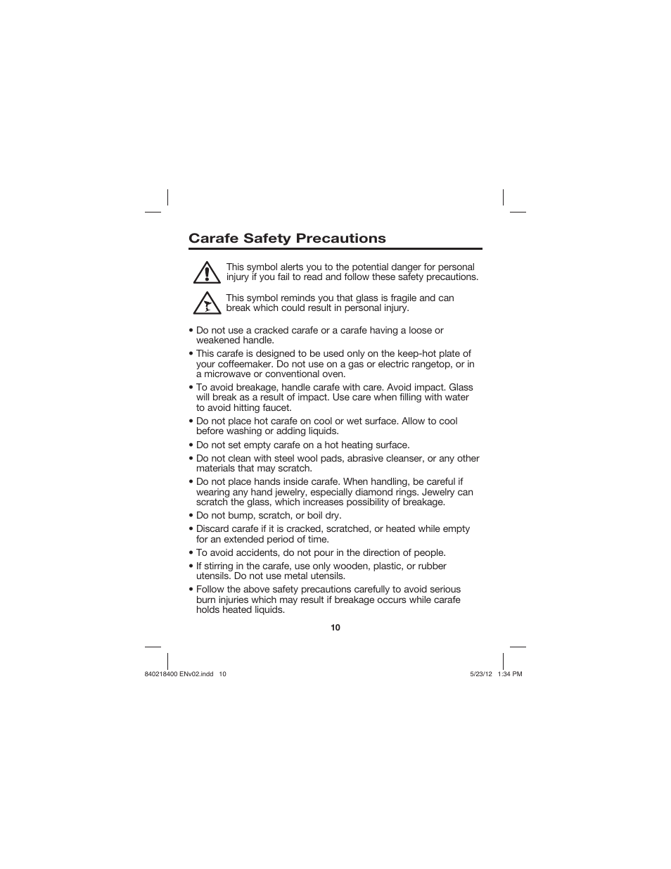 Carafe safety precautions | Proctor-Silex Brew Strength Selector Coffee Maker-48578 User Manual | Page 10 / 44