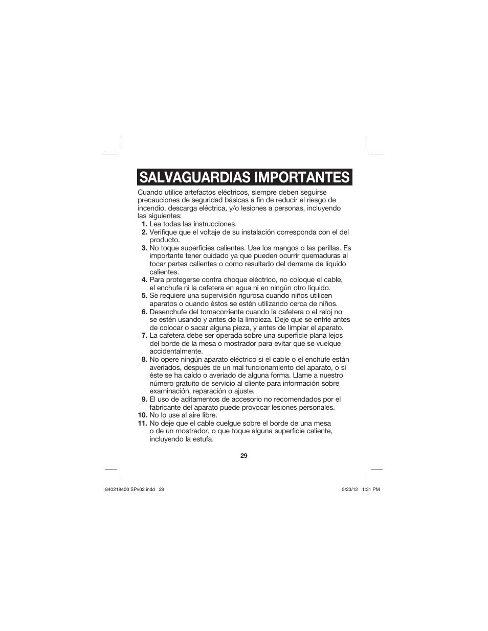 Salvaguardias importantes | Proctor-Silex Brew Strength Selector Coffee Maker-48578 User Manual | Page 29 / 44