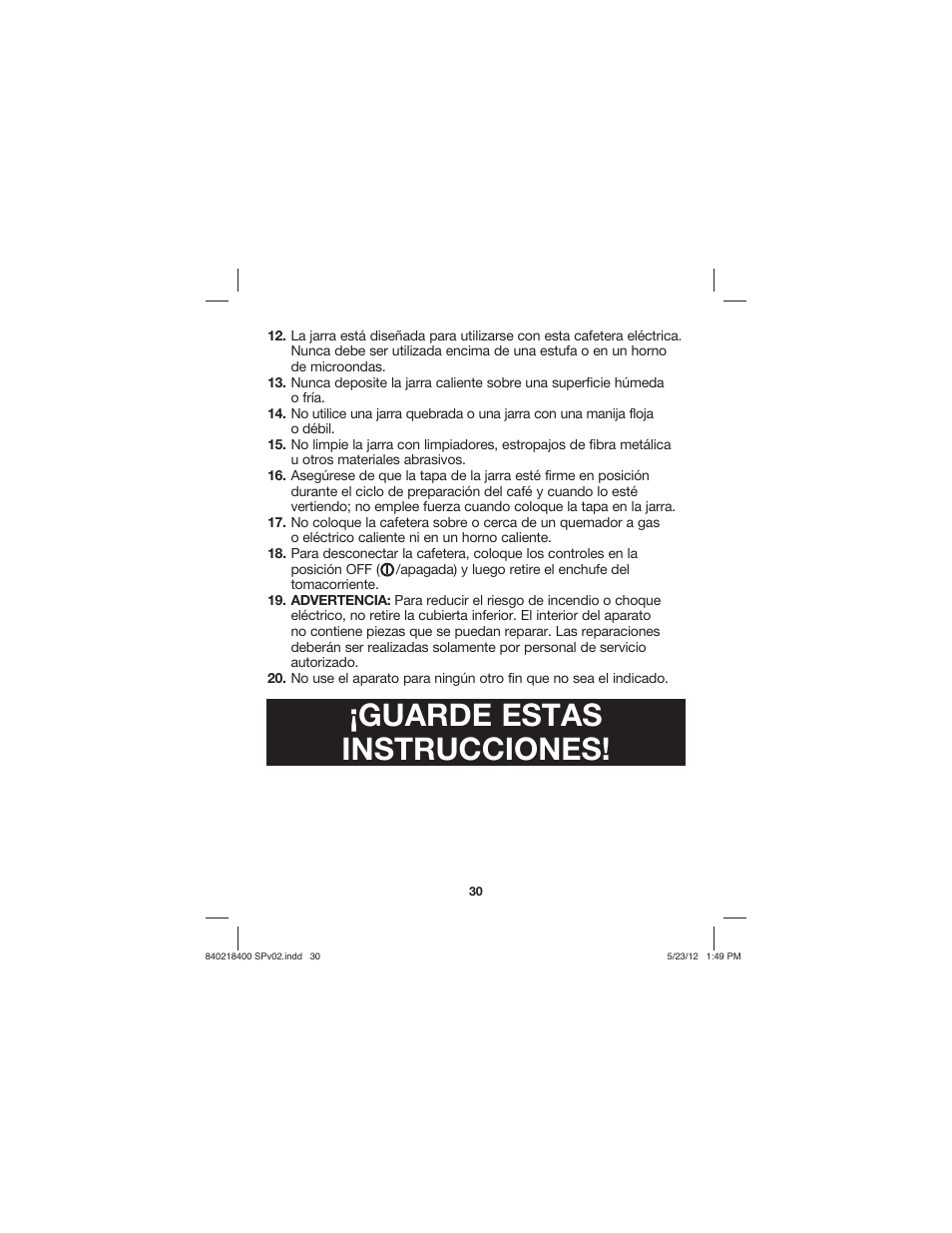 Guarde estas instrucciones | Proctor-Silex Brew Strength Selector Coffee Maker-48578 User Manual | Page 30 / 44