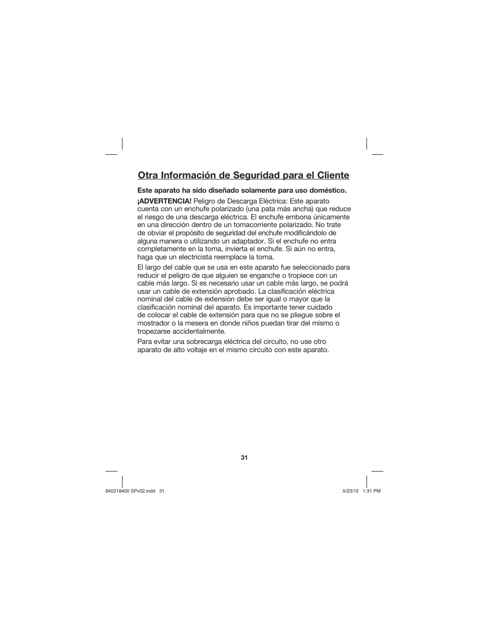 Otra información de seguridad para el cliente | Proctor-Silex Brew Strength Selector Coffee Maker-48578 User Manual | Page 31 / 44