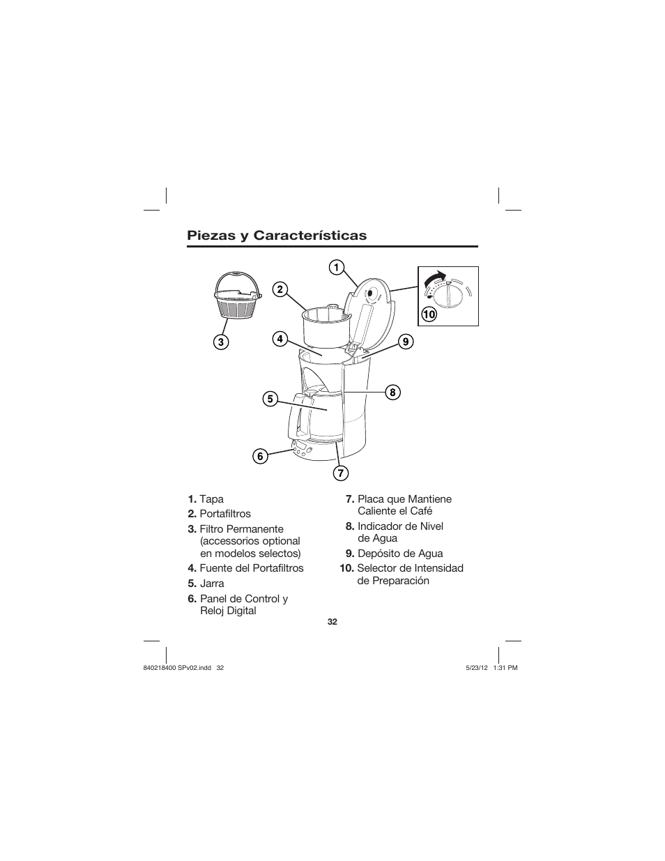 Piezas y características | Proctor-Silex Brew Strength Selector Coffee Maker-48578 User Manual | Page 32 / 44