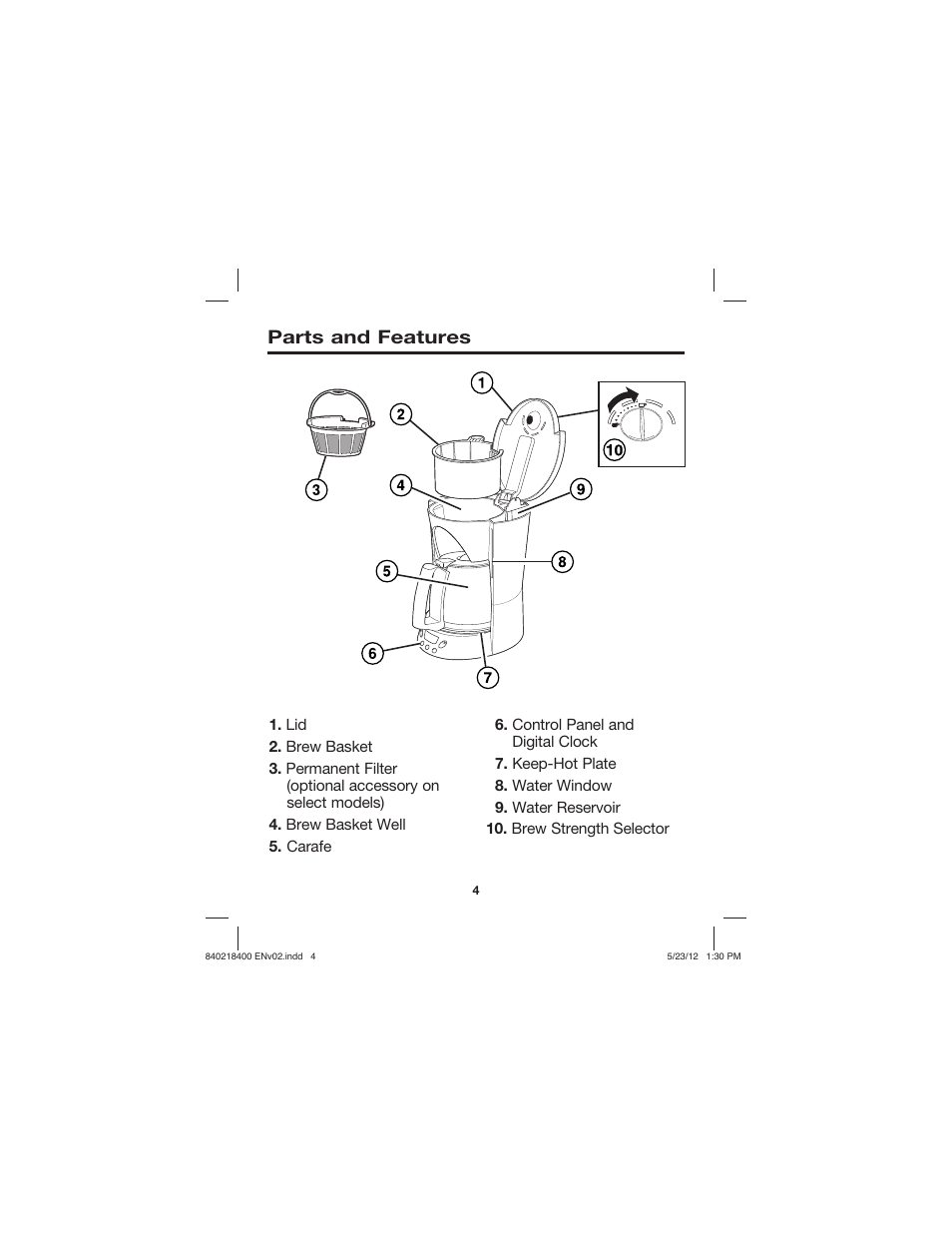 Parts and features | Proctor-Silex Brew Strength Selector Coffee Maker-48578 User Manual | Page 4 / 44