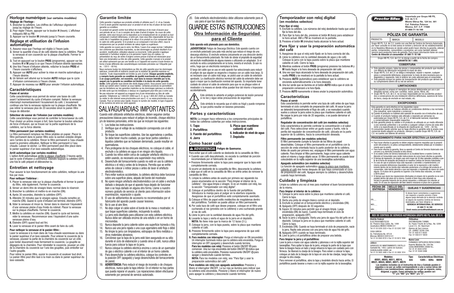 Salvaguardias importantes, Guarde estas instrucciones, Otra información de seguridad para el cliente | Garantie limitée, Partes y características, Réglage et utilisation de l’infusion automatique, Horloge numérique, Caractéristiques, Entretien et nettoyage, Temporizador con reloj digital | Proctor-Silex 12 Cup Automatic Coffee Maker (black)-48524RY User Manual | Page 2 / 2