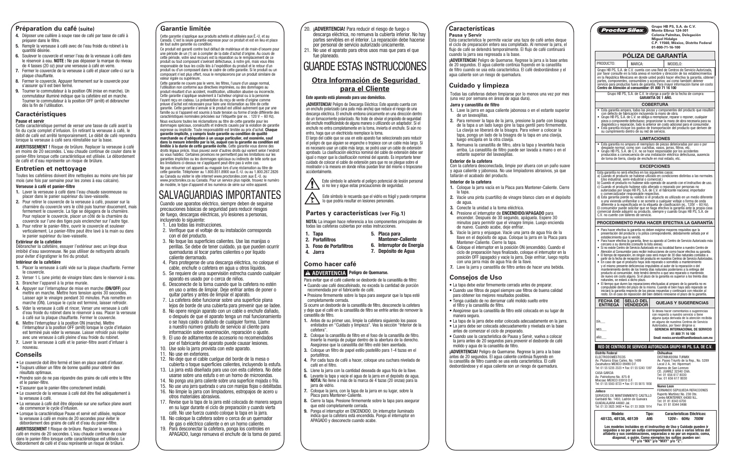 Salvaguardias importantes, Guarde estas instrucciones, Otra información de seguridad para el cliente | Préparation du café, Garantie limitée, Partes y características, Caractéristiques, Entretien et nettoyage, Como hacer café características, Cuidado y limpieza | Proctor-Silex 4 Cup Coffee Maker-48138 User Manual | Page 2 / 2