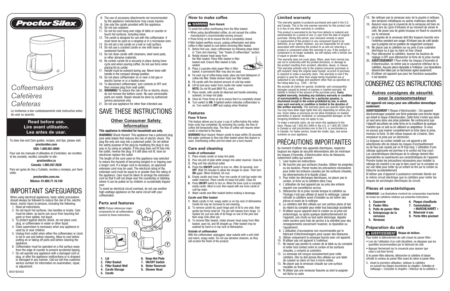 Proctor-Silex 10 Cup Coffee Maker (black)-48351 User Manual | 2 pages