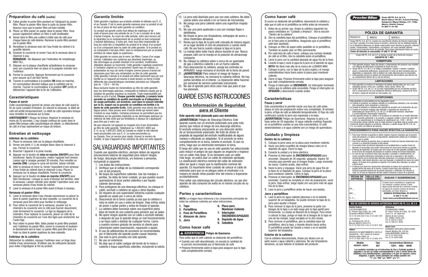 Salvaguardias importantes, Guarde estas instrucciones, Otra información de seguridad para el cliente | Préparation du café, Caractéristiques, Entretien et nettoyage, Garantie limitée, Como hacer café, Partes y características, Como hacer café características | Proctor-Silex 10 Cup Coffee Maker (black)-48351 User Manual | Page 2 / 2