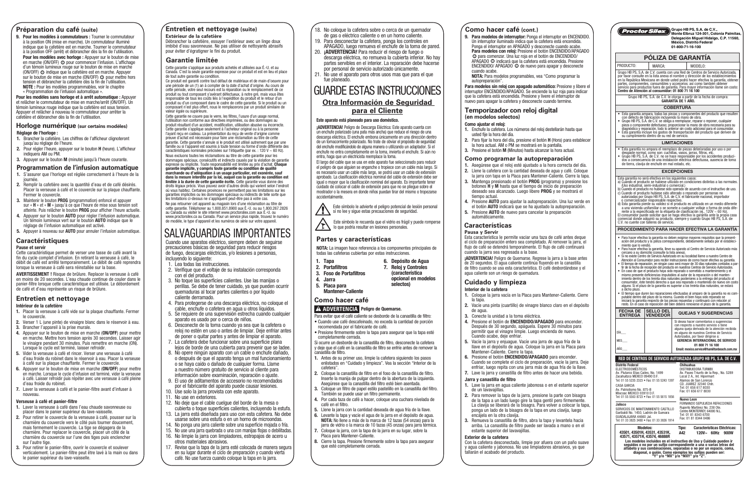 Salvaguardias importantes, Guarde estas instrucciones, Otra información de seguridad para el cliente | Préparation du café, Garantie limitée, Partes y características, Como hacer café, Programmation de l’infusion automatique, Horloge numérique, Caractéristiques | Proctor-Silex 12 Cup Drip Coffee Maker (black)-43502 User Manual | Page 2 / 2