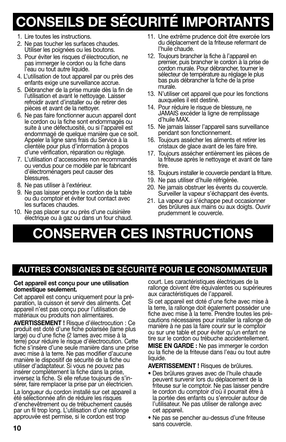 840180301 frv01, Conseils de sécurité importants, Conserver ces instructions | Autres consignes de sécurité pour le consommateur | Proctor-Silex 4 Cup Oil Capacity Deep Fryer-35017Y User Manual | Page 10 / 28