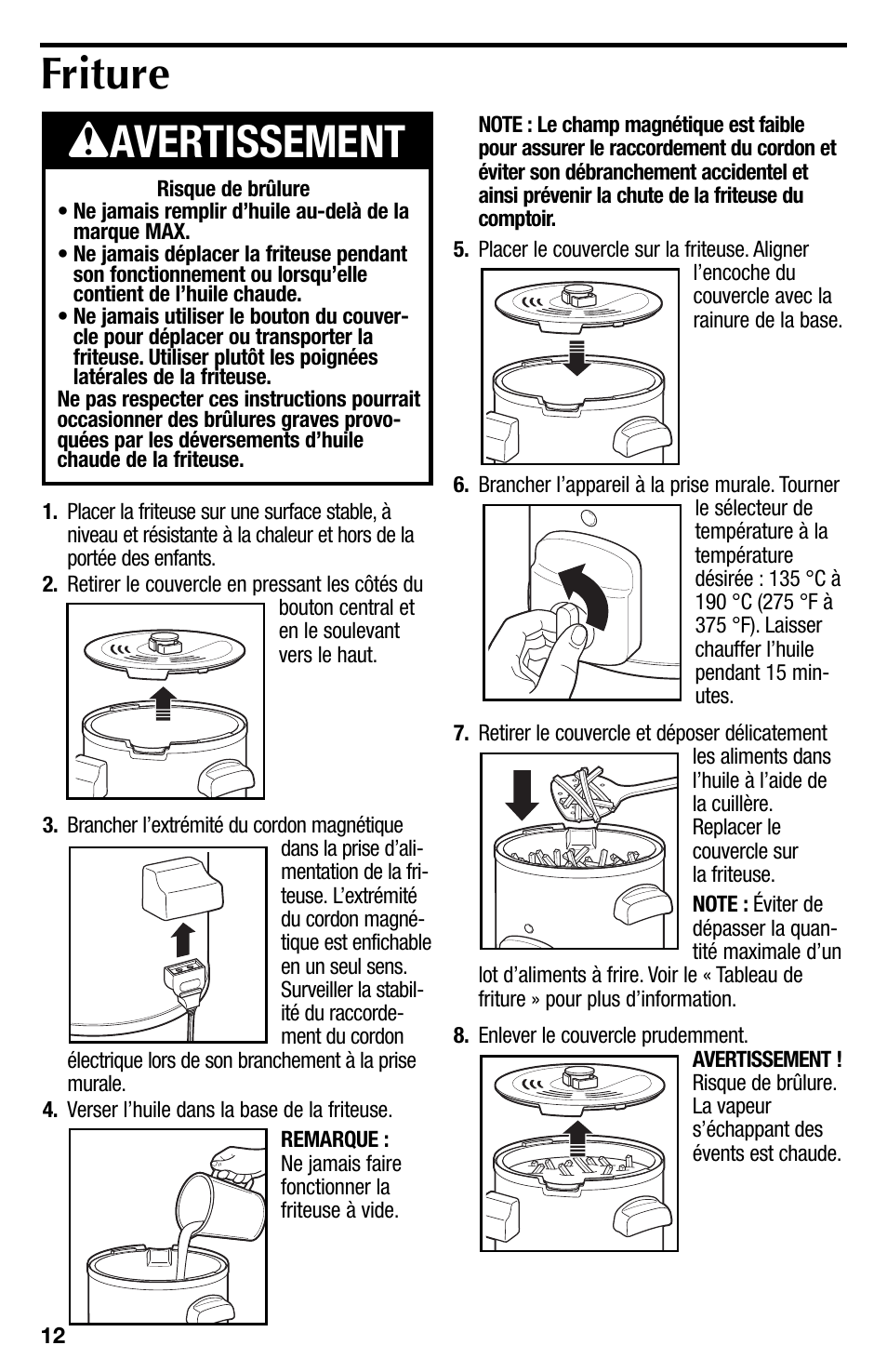 Friture w avertissement | Proctor-Silex 4 Cup Oil Capacity Deep Fryer-35017Y User Manual | Page 12 / 28