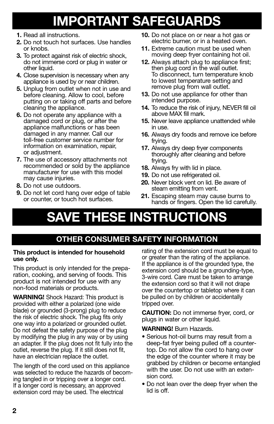 Important safeguards, Save these instructions, Other consumer safety information | Proctor-Silex 4 Cup Oil Capacity Deep Fryer-35017Y User Manual | Page 2 / 28