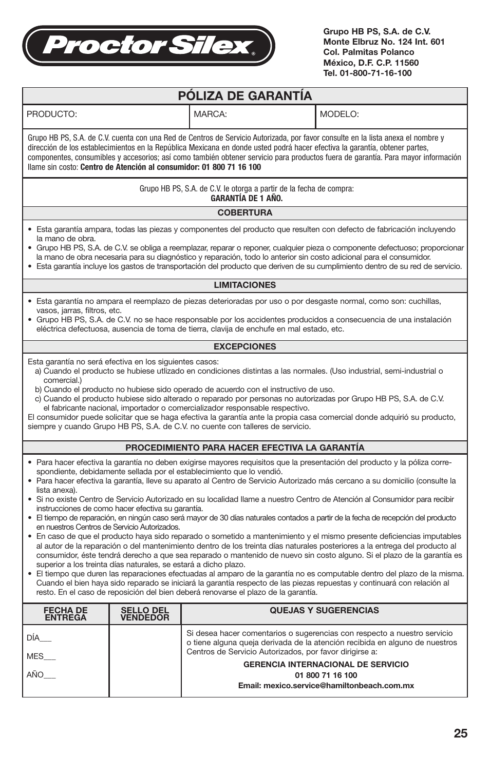 Póliza de garantía | Proctor-Silex 4 Cup Oil Capacity Deep Fryer-35017Y User Manual | Page 25 / 28