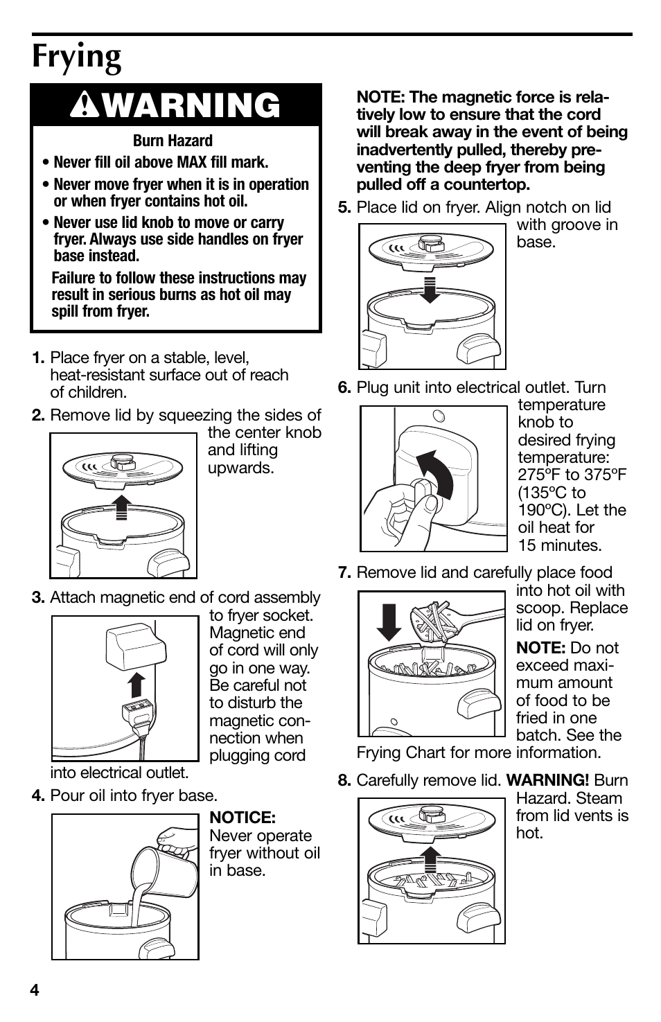 Frying w warning | Proctor-Silex 4 Cup Oil Capacity Deep Fryer-35017Y User Manual | Page 4 / 28