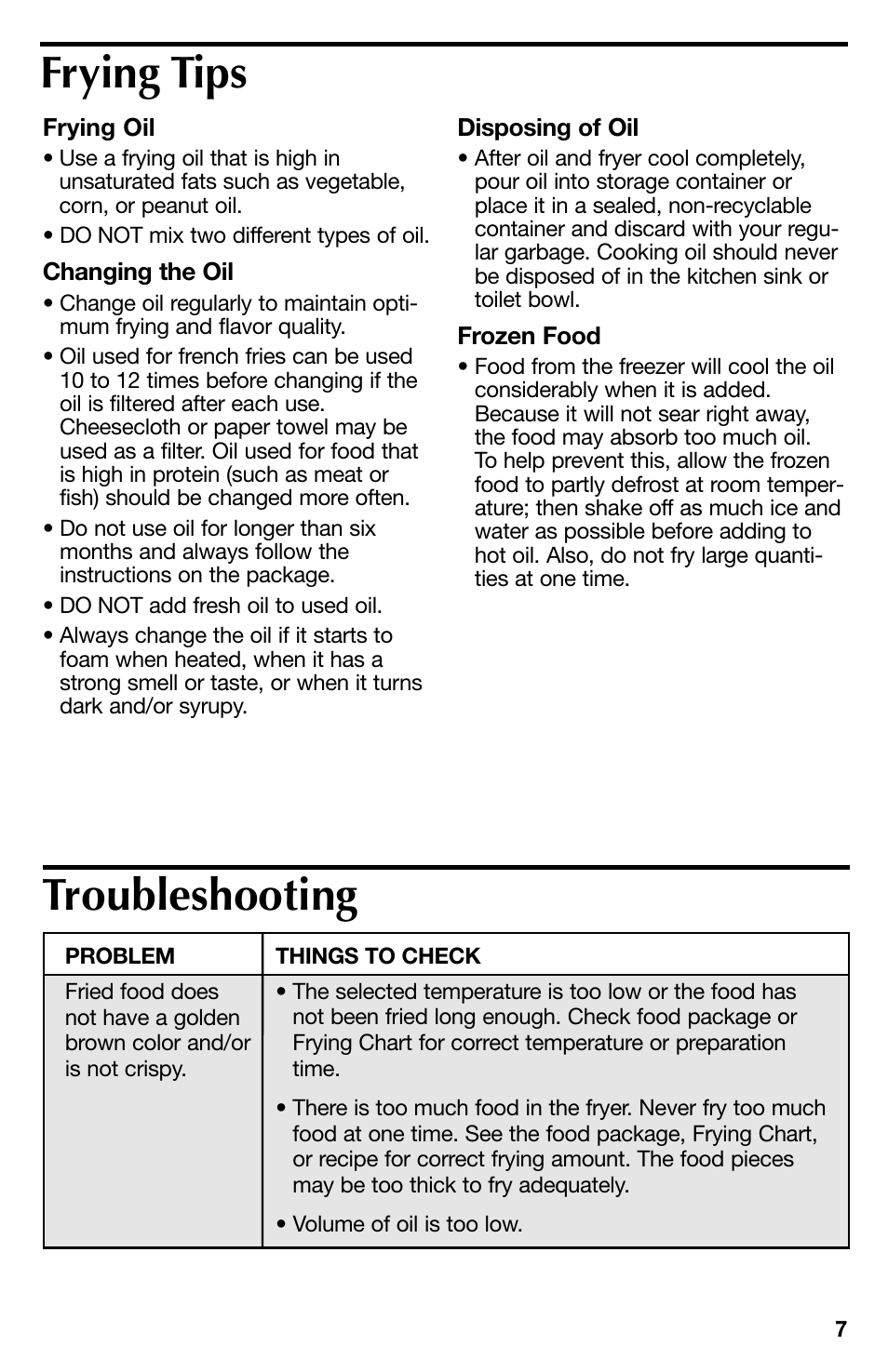 Frying tips troubleshooting | Proctor-Silex 4 Cup Oil Capacity Deep Fryer-35017Y User Manual | Page 7 / 28