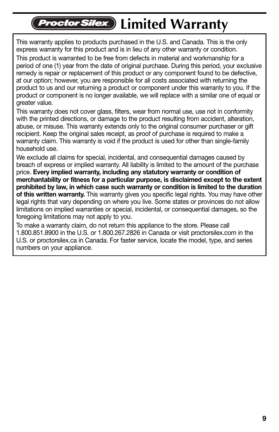 Limited warranty | Proctor-Silex 4 Cup Oil Capacity Deep Fryer-35017Y User Manual | Page 9 / 28