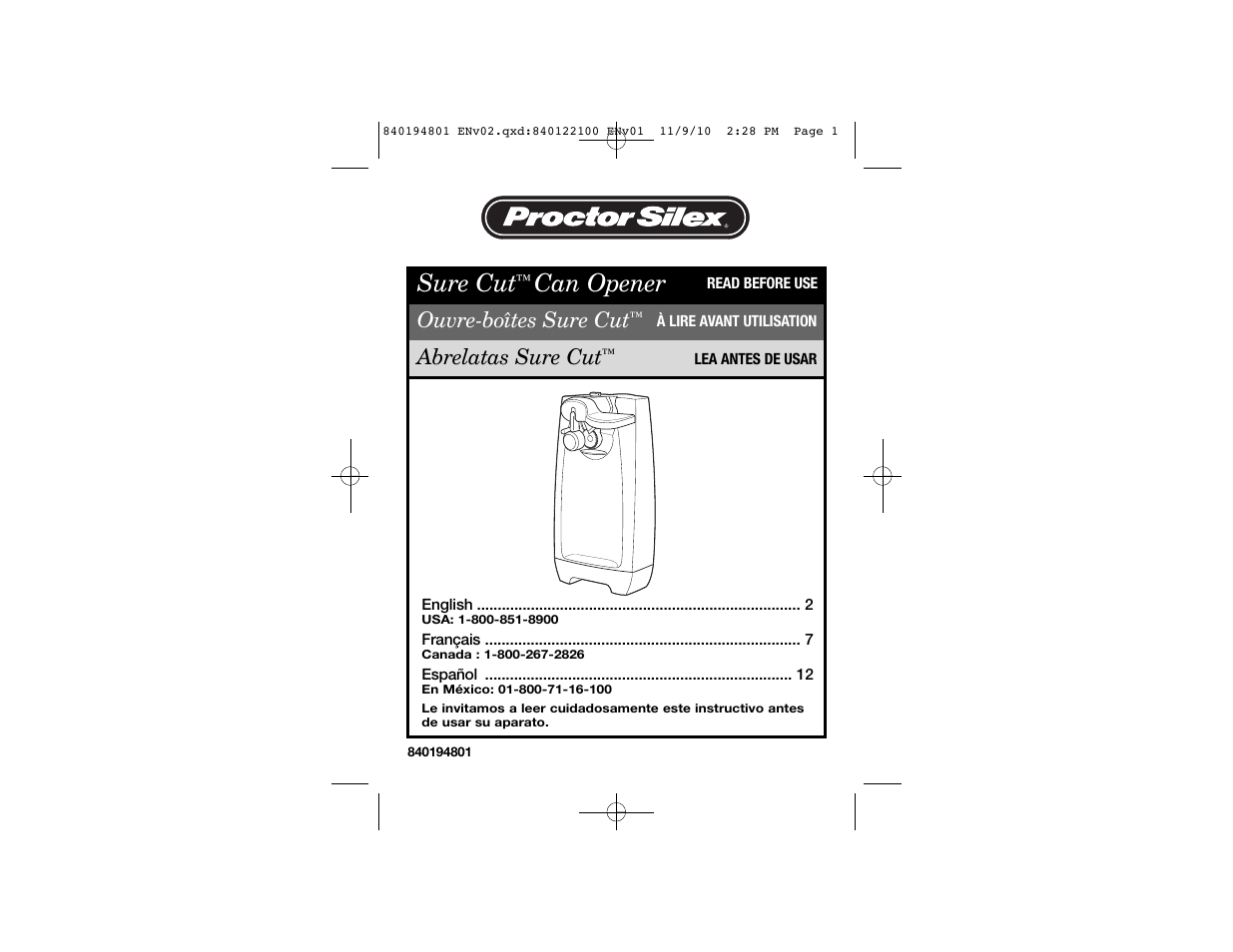 Proctor-Silex Can Opener with Knife Sharpener (black)-75671 User Manual | 13 pages