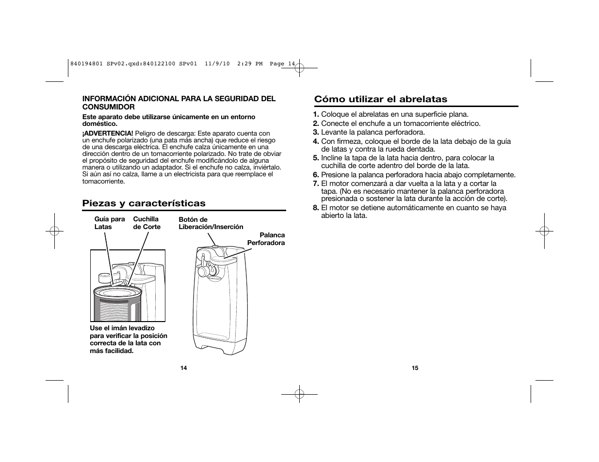 Proctor-Silex Can Opener with Knife Sharpener (black)-75671 User Manual | Page 10 / 13