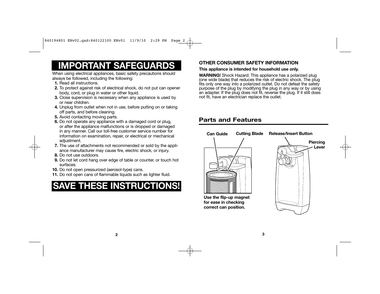 Important safeguards, Save these instructions | Proctor-Silex Can Opener with Knife Sharpener (black)-75671 User Manual | Page 2 / 13