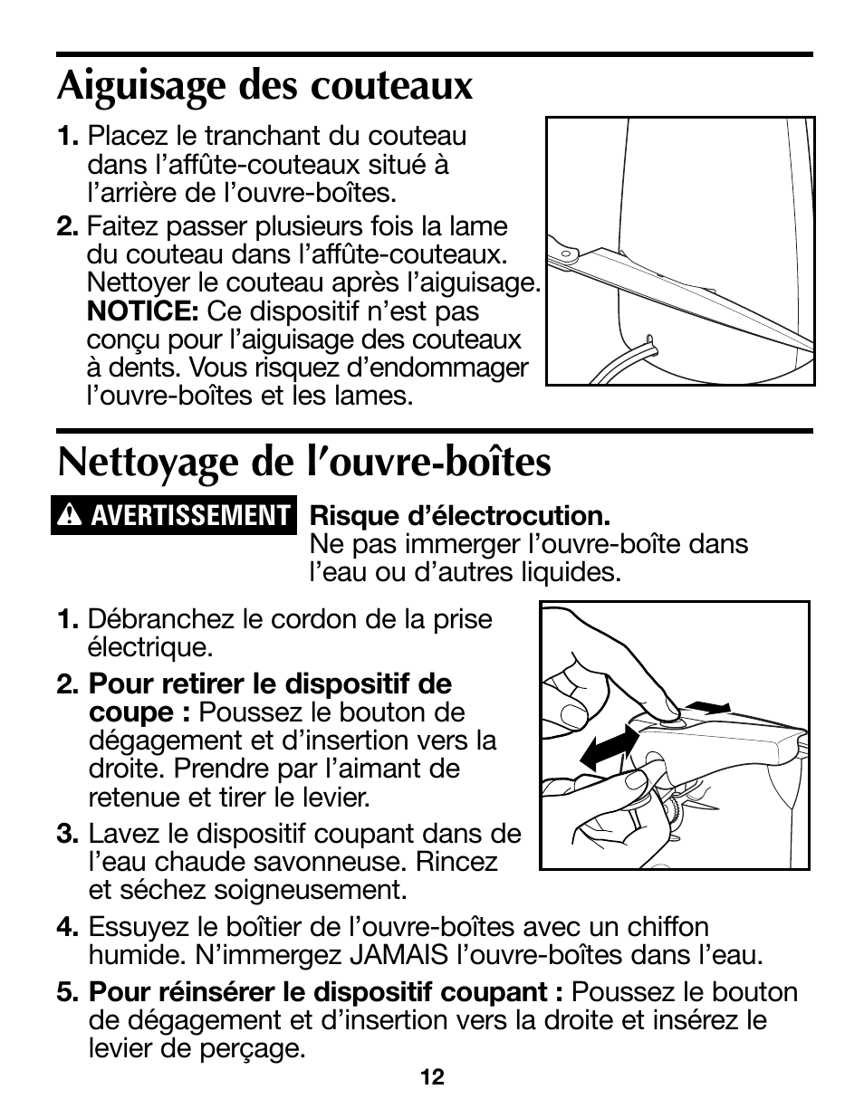 Nettoyage de l’ouvre-boîtes, Aiguisage des couteaux | Proctor-Silex Extra-Tall Can Opener (white)-76370PY User Manual | Page 12 / 24