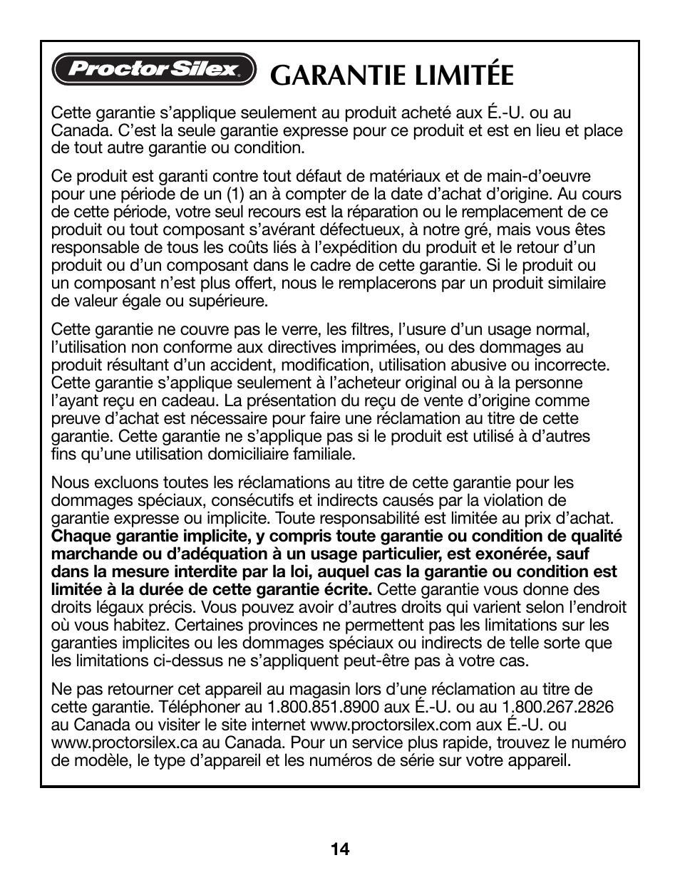 Garantie limitée | Proctor-Silex Extra-Tall Can Opener (white)-76370PY User Manual | Page 14 / 24